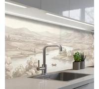 KitchenYeah© Credence Cuisine Adhesive 60x300 cm Protege Mur Revetement Mural Adhesif Parement Interieur À Coller Plaque Plastique Rigide Rivière paysage - Montagnes - Nature - Vintage - Beige