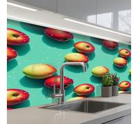 KitchenYeah© Credence Cuisine Adhesive 60x300 cm Protege Mur Revetement Mural Adhesif Parement Interieur À Coller Plaque Plastique Rigide Pommes - Eau - Turquoise