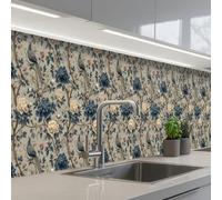 KitchenYeah© Credence Cuisine Adhesive 60x500 cm Protege Mur Revetement Mural Adhesif Parement Interieur À Coller Plaque Plastique Rigide Paon - Fleurs - Bleu