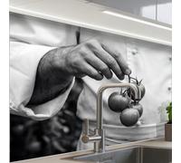 KitchenYeah© Credence Cuisine Adhesive 60x80 cm Protege Mur Revetement Mural Adhesif Parement Interieur À Coller Plaque Plastique Rigide Tomates - Chef - Noir - Blanc
