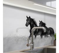 KitchenYeah© Credence Cuisine Adhesive 60x80 cm Protege Mur Revetement Mural Adhesif Parement Interieur À Coller Plaque Plastique Rigide Chevaux - Herbe - Noir - Blanc