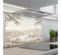 KitchenYeah© Credence Cuisine Adhesive 60x90 cm Protege Mur Revetement Mural Adhesif Parement Interieur À Coller Plaque Plastique Rigide Rivière paysage - Montagnes - Nature - Vintage - Beige