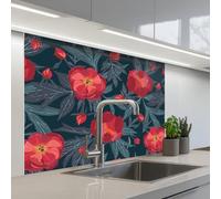 KitchenYeah© Credence Cuisine Adhesive 80x100 cm Protege Mur Revetement Mural Adhesif Parement Interieur À Coller Plaque Plastique Rigide Fleurs - Rouge - Feuilles - Motifs