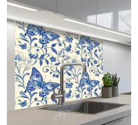 KitchenYeah© Credence Cuisine Adhesive 80x100 cm Protege Mur Revetement Mural Adhesif Parement Interieur À Coller Plaque Plastique Rigide Papillons - Fleurs - Bleu - Botanique