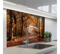 KitchenYeah© Credence Cuisine Adhesive 80x100 cm Protege Mur Revetement Mural Adhesif Parement Interieur À Coller Plaque Plastique Rigide Chemin forestier - Forêt d'automne - Feuilles - Orange