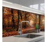 KitchenYeah© Credence Cuisine Adhesive 80x150 cm Protege Mur Revetement Mural Adhesif Parement Interieur À Coller Plaque Plastique Rigide Chemin forestier - Forêt d'automne - Feuilles - Orange