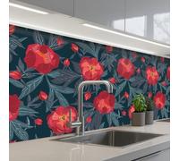 KitchenYeah© Credence Cuisine Adhesive 80x250 cm Protege Mur Revetement Mural Adhesif Parement Interieur À Coller Plaque Plastique Rigide Fleurs - Rouge - Feuilles - Motifs