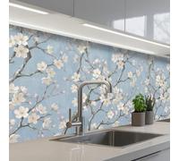 KitchenYeah© Credence Cuisine Adhesive 80x250 cm Protege Mur Revetement Mural Adhesif Parement Interieur À Coller Plaque Plastique Rigide Branches - Fleur cerisier - Bleu