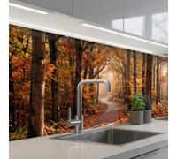 KitchenYeah© Credence Cuisine Adhesive 80x300 cm Protege Mur Revetement Mural Adhesif Parement Interieur À Coller Plaque Plastique Rigide Chemin forestier - Forêt d'automne - Feuilles - Orange