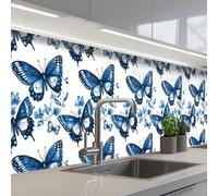 KitchenYeah© Credence Cuisine Adhesive 80x400 cm Protege Mur Revetement Mural Adhesif Parement Interieur À Coller Plaque Plastique Rigide Bleu - Papillons - Fleurs - Blanc