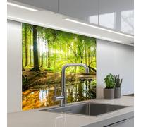 KitchenYeah© Credence Cuisine Adhesive 80x80 cm Protege Mur Revetement Mural Adhesif Parement Interieur À Coller Plaque Plastique Rigide Forêt - Paysage - Eau - Arbres - Soleil - Vert - Nature