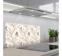 KitchenYeah© Credence Cuisine Adhesive Protege Mur Revetement Mural Adhesif | 45x90 cm - Parement Interieur À Coller Plaque Plastique Rigide Branches - Oiseaux - Beige