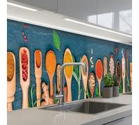 KitchenYeah© Credence Cuisine Adhesive Protege Mur Revetement Mural Adhesif | 60x400 cm - Parement Interieur À Coller Plaque Plastique Rigide Cuillères - Bois - Herbes - Épices