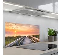 KitchenYeah© Credence Cuisine Sur Mesure 45x90 cm Plaque Adhesive Murale Panneau Decoratif Interieur Peel And Stick Mural Protection Mur Coucher de soleil - Mer - Chemin - Herbe - Dune - Oiseaux