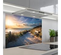 KitchenYeah© Credence Cuisine Sur Mesure 55x80 cm Plaque Adhesive Murale Panneau Decoratif Interieur Peel And Stick Mural Protection Mur Coucher de soleil - Plage - Dune - Herbe - Banc