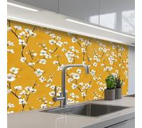 KitchenYeah© Credence Cuisine Sur Mesure 60x100 cm Plaque Adhesive Murale Panneau Decoratif Interieur Peel And Stick Mural Protection Mur Branche fleurie - Aquarelle - Jaune