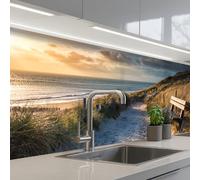 KitchenYeah© Credence Cuisine Sur Mesure 60x200 cm Plaque Adhesive Murale Panneau Decoratif Interieur Peel And Stick Mural Protection Mur Coucher de soleil - Plage - Dune - Herbe - Banc