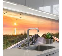KitchenYeah© Credence Cuisine Sur Mesure 60x200 cm Plaque Adhesive Murale Panneau Decoratif Interieur Peel And Stick Mural Protection Mur Coucher de soleil - Mer - Chemin - Herbe - Dune - Oiseaux