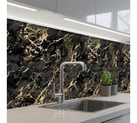 KitchenYeah© Credence Cuisine Sur Mesure 60x200 cm Plaque Adhesive Murale Panneau Decoratif Interieur Peel And Stick Mural Protection Mur Marbre - Noir - Structure Or
