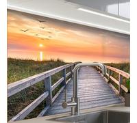 KitchenYeah© Credence Cuisine Sur Mesure 60x80 cm Plaque Adhesive Murale Panneau Decoratif Interieur Peel And Stick Mural Protection Mur Coucher de soleil - Mer - Chemin - Herbe - Dune - Oiseaux