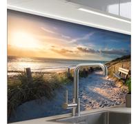KitchenYeah© Credence Cuisine Sur Mesure 60x80 cm Plaque Adhesive Murale Panneau Decoratif Interieur Peel And Stick Mural Protection Mur Coucher de soleil - Plage - Dune - Herbe - Banc