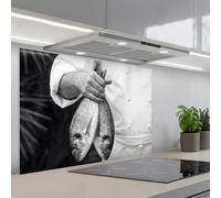 KitchenYeah© Credence Cuisine Sur Mesure 60x90 cm Plaque Adhesive Murale Panneau Decoratif Interieur Peel And Stick Mural Protection Mur Pêche - Chef - Noir - Blanc