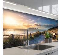 KitchenYeah© Credence Cuisine Sur Mesure 80x150 cm Plaque Adhesive Murale Panneau Decoratif Interieur Peel And Stick Mural Protection Mur Coucher de soleil - Plage - Dune - Herbe - Banc