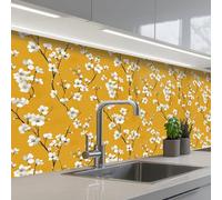 KitchenYeah© Credence Cuisine Sur Mesure 80x250 cm Plaque Adhesive Murale Panneau Decoratif Interieur Peel And Stick Mural Protection Mur Branche fleurie - Aquarelle - Jaune