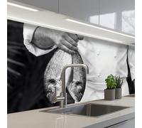 KitchenYeah© Credence Cuisine Sur Mesure 80x250 cm Plaque Adhesive Murale Panneau Decoratif Interieur Peel And Stick Mural Protection Mur Pêche - Chef - Noir - Blanc