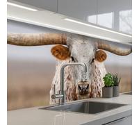 KitchenYeah© Credence Cuisine Sur Mesure 80x300 cm Plaque Adhesive Murale Panneau Decoratif Interieur Peel And Stick Mural Protection Mur Longhorn - Champ d'herbe - Animal