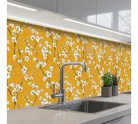 KitchenYeah© Credence Cuisine Sur Mesure 80x400 cm Plaque Adhesive Murale Panneau Decoratif Interieur Peel And Stick Mural Protection Mur Branche fleurie - Aquarelle - Jaune