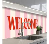 KitchenYeah© Credence Cuisine Sur Mesure 80x400 cm Plaque Adhesive Murale Panneau Decoratif Interieur Peel And Stick Mural Protection Mur Rose pâle - Rouge - Rayures - Bienvenue