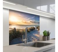 KitchenYeah© Credence Cuisine Sur Mesure 80x80 cm Plaque Adhesive Murale Panneau Decoratif Interieur Peel And Stick Mural Protection Mur Coucher de soleil - Plage - Dune - Herbe - Banc