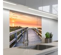 KitchenYeah© Credence Cuisine Sur Mesure 80x80 cm Plaque Adhesive Murale Panneau Decoratif Interieur Peel And Stick Mural Protection Mur Coucher de soleil - Mer - Chemin - Herbe - Dune - Oiseaux