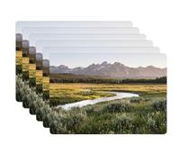 KitchenYeah© Dessous de Plat Set 6 45x30 cm Table Plastique Rigide Vinyl Antidérapant Original Coloré Plates Paysage Montagne - Rivière - Forêt