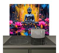 KitchenYeah© Fond de Hotte Crédence Cuisine Décoration Murale Cuisson Anti | 60x52 cm - Projection, Plaque Induction Portable Bouddha - Fleurs - Bougies - Jaune
