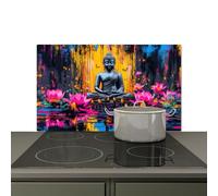 KitchenYeah© Fond de Hotte Crédence Cuisine Décoration Murale Cuisson Anti | 91x52 cm - Projection, Plaque Induction Portable Bouddha - Fleurs - Bougies - Jaune