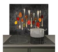 KitchenYeah© Plaque Anti Projection Cuisine 60x52 cm Décoration Couvercle Éclaboussure Crédence, Protection Induction Cuillères - Béton - Herbes - Epices