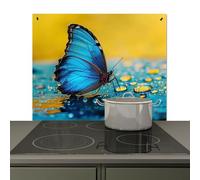 KitchenYeah© Plaque Anti Projection Cuisine 65x52 cm Décoration Couvercle Éclaboussure Crédence, Protection Induction Papillon - Eau - Nature - Bleu - Jaune