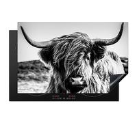 KitchenYeah© Protection Plaque Cuisson Deco Cuisine Cache Induction Protege | 80x52 cm - Pour Cuisiniere Protection Vache - Highlander écossais - Noir - Blanc - Animal - Nature - Vie sauvage