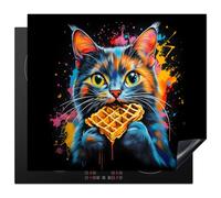 KitchenYeah© Protection Plaque Induction 59x51 cm Protege Deco Cuisine Cache Protège De Cuisson Accessoires Chat - Graffiti - Coloré - Gaufre - Nourriture