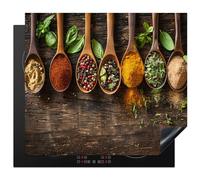 KitchenYeah© Protection Plaque Induction 59x52 cm Protege Deco Cuisine Cache Protège De Cuisson Accessoire Herbes - Epices - Cuillère - Feuilles - Gravure sur bois - Nature morte