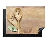 KitchenYeah© Protection Plaque Induction 70x52 cm Protege Deco Cuisine Cache Protège De Cuisson Accessoire Bois - Cuillères - Marron - Smiley