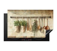 KitchenYeah© Protection Plaque Induction 83x51 cm Protege Deco Cuisine Cache Protège De Cuisson Accessoires Bois - Ustensiles de Cuisine - Nature Morte - Carreaux de Faïence