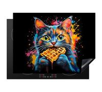 KitchenYeah© Protection Plaque Induction Protege Deco Cuisine Cache Protège | 70x52 cm - De Cuisson Accessoires Chat - Graffiti - Coloré - Gaufre - Nourriture