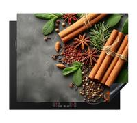 KitchenYeah© Protection Pour Plaque Induction 65x52 cm Deco Cuisine Ustensiles Protégé Cache De Cuisson Vitroceramique Cannelle - Épices - Béton - Feuilles - Cuisine