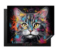 KitchenYeah© Protection Pour Plaque Induction 65x52 cm Plaque de Deco Cuisine Protégé Cache De Cuisson Vitroceramique Chat - Graffiti - Animaux - Couleurs - Gris