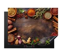 KitchenYeah© Protection Pour Plaque Induction 70x52 cm Deco Cuisine Tapis Protégé Cache De Cuisson Vitroceramique Épices - Herbes - Bâtons de cannelle - Impression sur bois