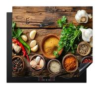 KitchenYeah© Protege Couvre Plaque De Cuisson Deco Cuisine Tapis Protection Protecteur Induction 60x52 cm Herbes - Épices - Basilic - Impression sur bois - Ail