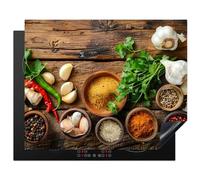 KitchenYeah© Protege Couvre Plaque De Cuisson Deco Cuisine Tapis Protection Protecteur Induction 65x52 cm Herbes - Épices - Basilic - Impression sur bois - Ail